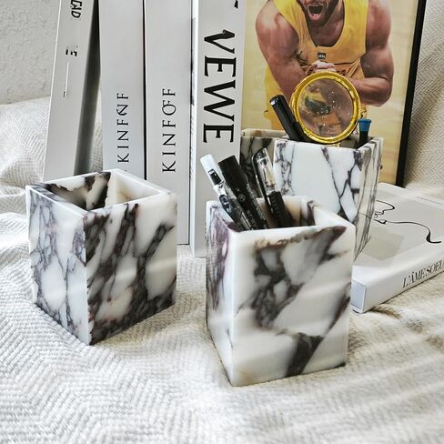 Marble Pen Holder, White Stone Rectangular Desktop Organizer, Office Study Makeup Brush Storage, Home Desk Decor, Minimalist Design, Durable Marble Accessory in Kuwait