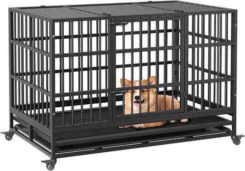 Heavy Duty Dog Crate, 37'' Foldable Dog Crate with Double Door, 360° Lockable Wheels and Removable Tray, Easy to Clean and Assembly, Indoor Dog Crate for Small Medium Large Dogs in Saudi Arabia