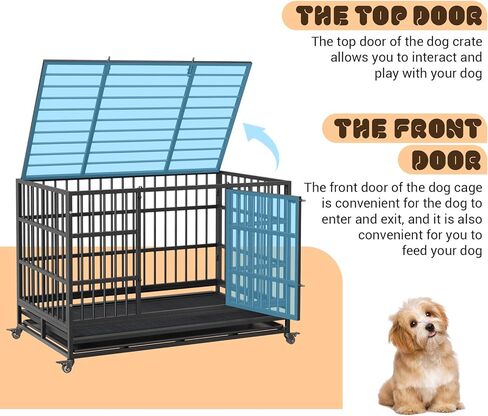Heavy Duty Dog Crate, 37'' Foldable Dog Crate with Double Door, 360° Lockable Wheels and Removable Tray, Easy to Clean and Assembly, Indoor Dog Crate for Small Medium Large Dogs in Saudi Arabia
