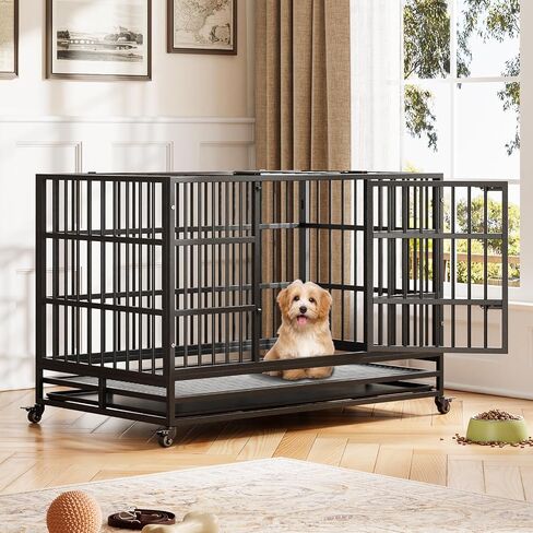 Heavy Duty Dog Crate, 37'' Foldable Dog Crate with Double Door, 360° Lockable Wheels and Removable Tray, Easy to Clean and Assembly, Indoor Dog Crate for Small Medium Large Dogs in Saudi Arabia