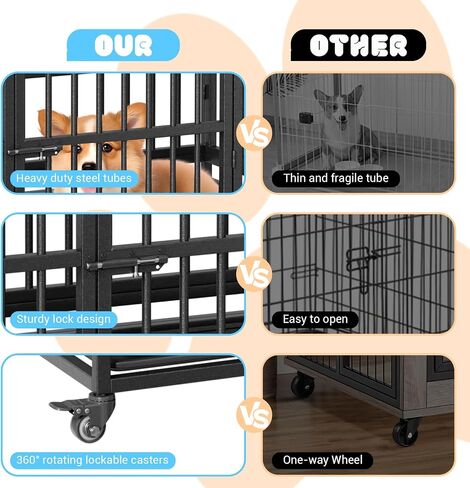 Heavy Duty Dog Crate, 37'' Foldable Dog Crate with Double Door, 360° Lockable Wheels and Removable Tray, Easy to Clean and Assembly, Indoor Dog Crate for Small Medium Large Dogs in Saudi Arabia