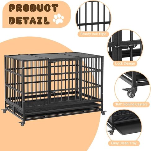 Heavy Duty Dog Crate, 37'' Foldable Dog Crate with Double Door, 360° Lockable Wheels and Removable Tray, Easy to Clean and Assembly, Indoor Dog Crate for Small Medium Large Dogs in Saudi Arabia