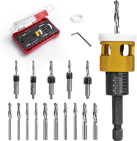 5 Pcs Countersink Drill Bit Set: Replaceable HSS M2 Tapered Bits - 82° Counter Bore with Adjustable Depth Stop, Carbide Drill Bits 1/4" Hex Shank for Wood, Plastic, Woodworking in Saudi Arabia