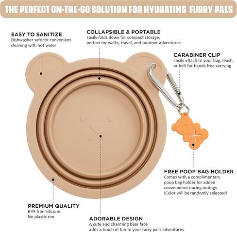Silicone Collapsible Travel Bowl with Free Poop Bag Holder – Lightweight, Portable, Multipurpose for Pets, Dishwasher & Microwave Safe (Beige, Small) in Saudi Arabia