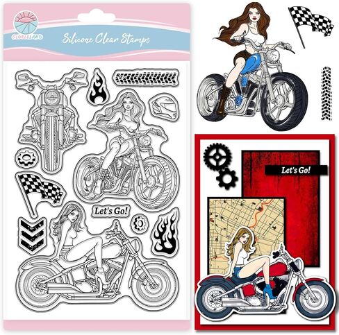 GLOBLELAND Motorcycle Woman Clear Stamps for Scrapbooking Tire Track Flame Silicone Stamps Helmet Checkered Flag Transparent Stamp for Card Making DIY Embossing Journaling in Saudi Arabia