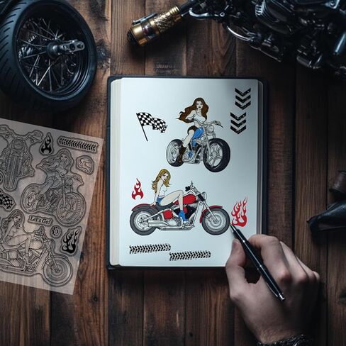 GLOBLELAND Motorcycle Woman Clear Stamps for Scrapbooking Tire Track Flame Silicone Stamps Helmet Checkered Flag Transparent Stamp for Card Making DIY Embossing Journaling in Saudi Arabia