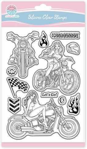 GLOBLELAND Motorcycle Woman Clear Stamps for Scrapbooking Tire Track Flame Silicone Stamps Helmet Checkered Flag Transparent Stamp for Card Making DIY Embossing Journaling in Saudi Arabia