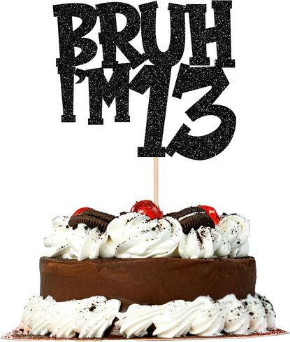 1 PCS Bruh أنا 13 كعكة Topper Black Glitter Happy 13th كعكة عيد الميلاد اختيار Bro أنا 13 هذا هو الديكور كعكة عيد ميلاد الثالث عشر لهتافات إلى 13 سنة زخارف حفلة عيد ميلاد لوازم in Kuwait
