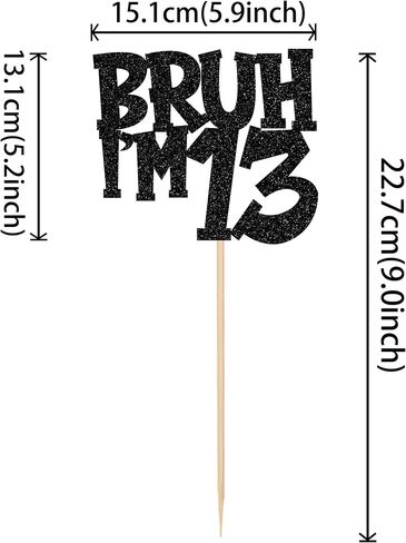 1 PCS Bruh أنا 13 كعكة Topper Black Glitter Happy 13th كعكة عيد الميلاد اختيار Bro أنا 13 هذا هو الديكور كعكة عيد ميلاد الثالث عشر لهتافات إلى 13 سنة زخارف حفلة عيد ميلاد لوازم in Kuwait