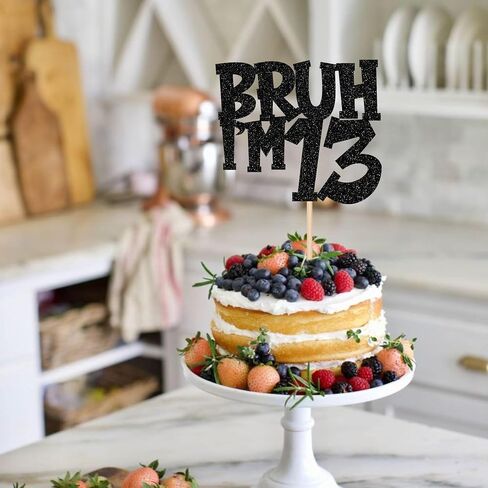 1 PCS Bruh أنا 13 كعكة Topper Black Glitter Happy 13th كعكة عيد الميلاد اختيار Bro أنا 13 هذا هو الديكور كعكة عيد ميلاد الثالث عشر لهتافات إلى 13 سنة زخارف حفلة عيد ميلاد لوازم in Kuwait