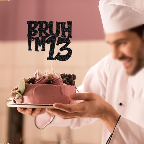 1 PCS Bruh أنا 13 كعكة Topper Black Glitter Happy 13th كعكة عيد الميلاد اختيار Bro أنا 13 هذا هو الديكور كعكة عيد ميلاد الثالث عشر لهتافات إلى 13 سنة زخارف حفلة عيد ميلاد لوازم in Kuwait