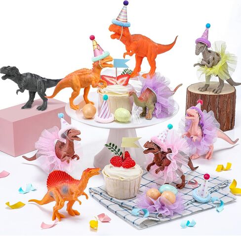 Weysat Weysat 27 Pcs Colorful Dinosaur Cake Topper Animals Figures Birthday Party Decorations with Mini Party Hat with Pom Poms Dinosaur Animals Cupcake Toppers Decoration with Mini Skirt and Hat for in Kuwait