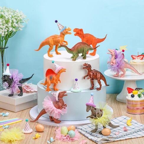 Weysat Weysat 27 Pcs Colorful Dinosaur Cake Topper Animals Figures Birthday Party Decorations with Mini Party Hat with Pom Poms Dinosaur Animals Cupcake Toppers Decoration with Mini Skirt and Hat for in Kuwait