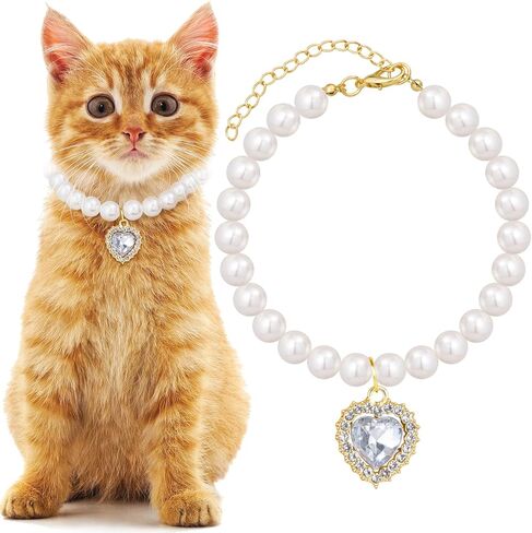 Pearl Collar for Cat Puppy, Small Cute Heart Shape Rhinestone Pet Necklace, Adjustable Wedding Party Pet Jewelry Accessories for Puppy Kitten- White in Kuwait