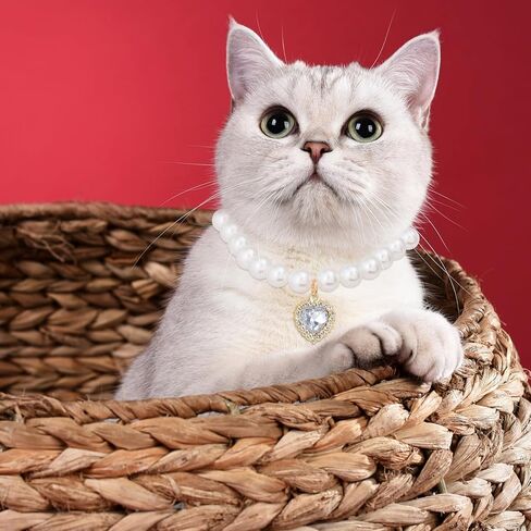 Pearl Collar for Cat Puppy, Small Cute Heart Shape Rhinestone Pet Necklace, Adjustable Wedding Party Pet Jewelry Accessories for Puppy Kitten- White in Kuwait