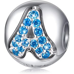 FOREVER QUEEN Alphabet Charm Initial A-Z Letter Charm Bead in 925 Sterling Silver with 5A Blue CZ fit European Bracelet Necklace for Birthday Women Girls Boy Men Gifts