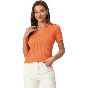 Allegra K Women's Crop Top Sweater Collared Ribbed Top V Neck Short Sleeve Cable Knit Polo Sweater