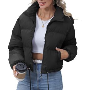 Dppiee Winter Puffer Jacket Women Cropped Baggy Quilted Coats Long Sleeves Zip Puffy Jackets