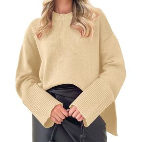 GoyRrbay Women's Crewneck Oversized Pullover Sweaters Long Sleeve Split Hem Knit Sweater Tops