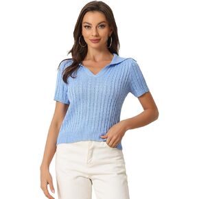 Allegra K Women's Crop Top Sweater Collared Ribbed Top V Neck Short Sleeve Cable Knit Polo Sweater