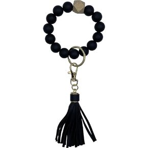 HUAMIAODI Silicone Circle Key Ring Keychain Beaded Wrislet Bracelet Elastic Bangle Portable Car Key Holder with Leather Tassel for Women Gift,Black