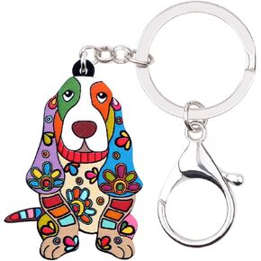 Alloy Acrylic Basset Hound Keychain Pet Dog Key Ring Enamel Charms Jewelry For Women Girls Bag Car Wallet