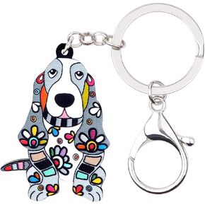 Alloy Acrylic Basset Hound Keychain Pet Dog Key Ring Enamel Charms Jewelry For Women Girls Bag Car Wallet