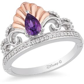 Jewelili Enchanted Disney Fine Jewelry Sterling Silver and 10K Rose Gold with 1/10 Cttw Diamonds and Amethyst Ariel Shell Tiara Ring.