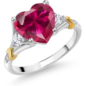 Gem Stone King 925 Sterling Silver and 10K Yellow Gold Customized and Personalized 10MM Heart Shape and 3.5MM Trillion Cut Gemstone Birthstone and White Diamond 3-Stone Ring For Women