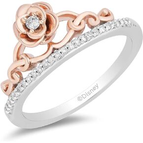 Jewelili Enchanted Disney Fine Jewelry 14K Rose Gold over Sterling Silver with 1/10cttw Diamonds Belle Rose Ring.