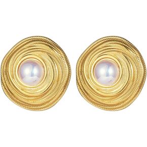 Pearl Disc Round Stud Earrings for Women Girls 18K Gold Plated Stainless Steel Chunky Statement Earrings Lightweight Hypoallergenic