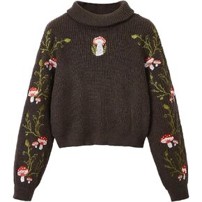 SHENHE Women's Plus Size Turtleneck Long Sleeve Embroidered Mushroom Knitted Sweater Pullover