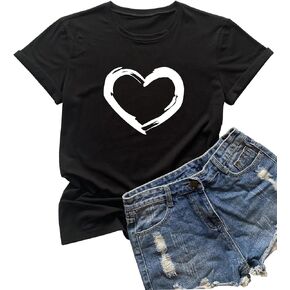 Women Cute Heart Graphic Crewneck T-Shirt Funny Short Sleeve Casual Tee Tops