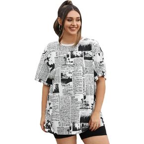 WDIRARA Women's Plus Size Newspaper Print Round Neck Half Sleeve T Shirt Tee Tops