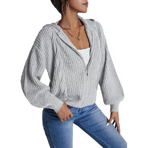Floerns Women's Cable Knit Zip Up Hooded Drop Shoulder Long Sleeve Sweater Cardigan