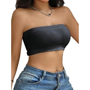 MakeMeChic Women's Solid Strapless Wireless Bralette Rib Knit Tube Crop Tops Bras