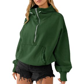 High Neck Hoodies for Women Casual Long Sleeve Sweatshirt Oversized Half Zip Drawstring Y2K Pullover Sweater with Pockets Green