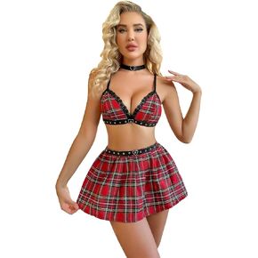 WDIRARA Women's School Girl Lingerie Tartan Contrast Lace Bralette and Skirt Set with Choker