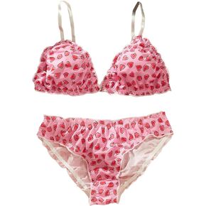 WDIRARA Women's Heart Print Lettuce Trim Lingerie Set 2 Piece Frill Bralettes and Panty Set