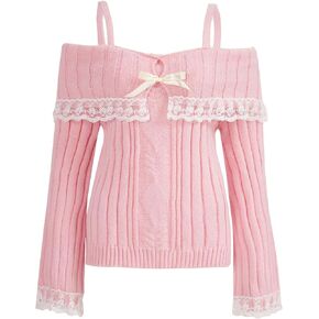 Women Vintage Long Sleeve Knit Crop Top Y2k Star Print Bodycon Sweater Fairy Grunge Crew Neck T Shirt Fall Jumper Top