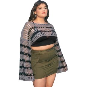 WDIRARA Women's Plus Size Striped Hollow Out Drop Shoulder Boat Neck Long Sleeve Crop Sweater