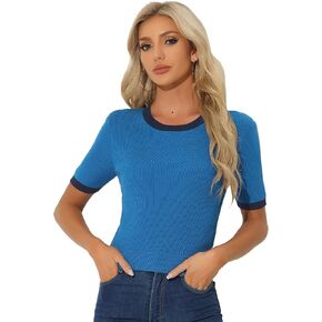 Allegra K Women's Summer Knitted Top Casual Short Sleeve Crewneck Color Block Waffle Knit Blouse