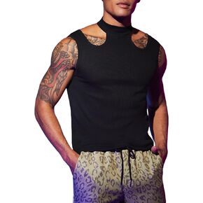 COZYEASE Men's Fashion Solid Cut Out Sleeveless Tank Top Stylish Mock Neck Slim Fitted Party Fitness Workout Shirts