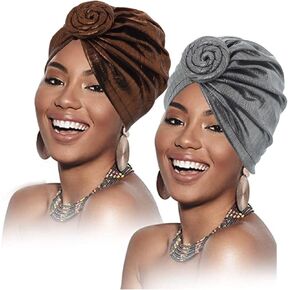 2 Pieces Knotted Women Turban Silver Pre-Tied Head Cover Stamped Bonnet Beanie Wrap Hat for Women in Kuwait
