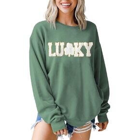 BOUTIKOME St Patricks Day Lucky بلوزات النساء الترتر بريق التصحيح شامروك قميص الشنيل المتضخم البرسيم البلوز القمم in Kuwait