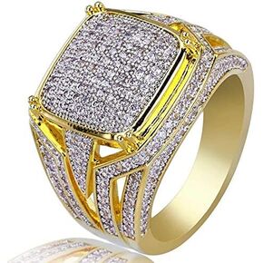 18K Gold Zircon Micropave Link Chain Ring Cluster Square Full Diamond Ring Simulated Diamond Band Men's Bling Ring Hip Hop Ring