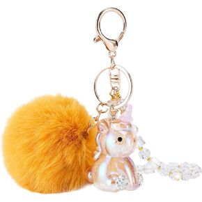 HONYJOOM Keychains for Women, Pom Pom Keychain Cute Kawaii Unicorn Key Chain Bling Wristlet Car Backpack Purse Charm