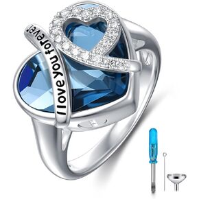 AOBOCO 925 Sterling Silver I LOVE YOU FOREVER Heart Cremation Ring Holds Loved One's Ashes, Heart Urn Ring for Ashes for Women, Memorial Keepsake Ring Embellished with Crystals from Austria