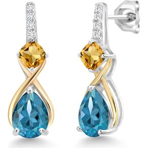 Gem Stone King 925 Sterling Silver and 10K Yellow Gold Pear Shape London Blue Topaz Yellow Citrine and White Lab Grown Diamond Dangle Earrings For Women (3.50 Cttw, Pear Shape 8X6MM)