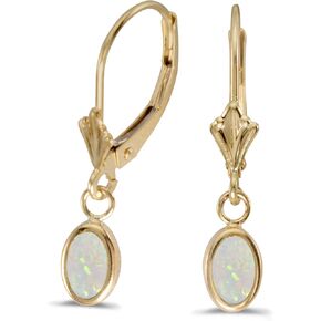 Women’s Small 14K Yellow Gold Oval Opal Gemstone 6x4mm Leverback Dangling Teardrop Earrings, (.38 ct)
